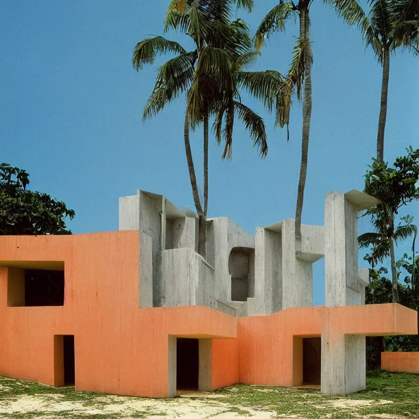 Prompt: 1 9 9 8 brazilian nordeste mansion designed by arthur bispo do rosario, helio oiticica, tarsila do amaral, frank weston and gustave baumann, major arcana, f - 9 1 / 1 2 5, brutalism, beach background, colorful refracted sparkles, star lines, soft light, 8 k