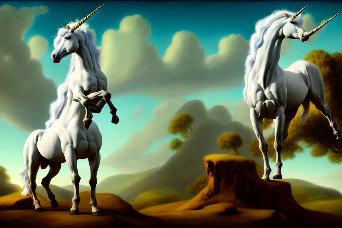 Image similar to a lone white mythical unicorn by George Stubbs, stunning fantasy background by Marianne North, moody, dramatic, sharp, very detailed, intricate, wild, concept art, sharp focus, illustration, digital art, 8k, octane render, masterpiece, artstation, cgsociety, vivid deep colors