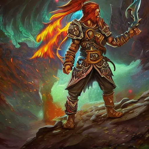 Image similar to Gauntlet, war theme gauntlet, fantasy gauntlet of warrior, fiery coloring, hearthstone art style, epic fantasy style art, fantasy epic digital art, epic fantasy card game art