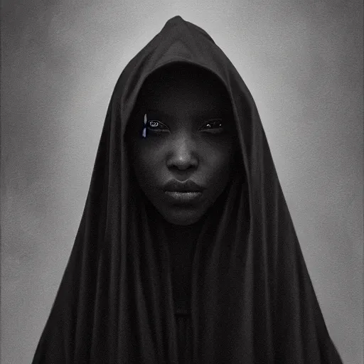 Image similar to a portrait of a young black woman wearing a long dark cloak, hood and shadows covering face, anatomically correct, beautiful perfect face, enigmatic, oil painting, matte painting, black background, Volumetric dynamic lighting, Highly Detailed, Cinematic Lighting, Unreal Engine, 8k, HD, by Beksinski