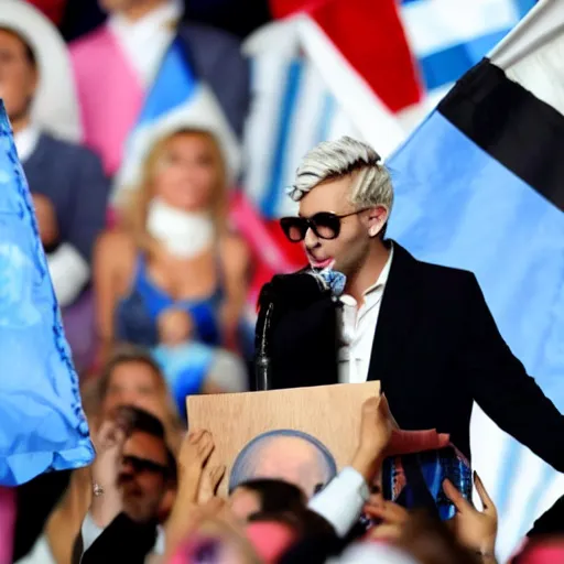 Image similar to Lady Gaga as president, Argentina presidential rally, Argentine flags behind, bokeh, giving a speech, detailed face, Argentina