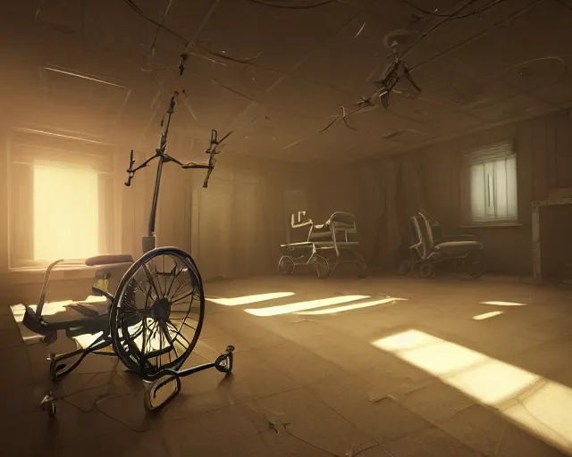 Image similar to artstation scifi scene of a bouquet of light on a business card, in an old ward, one ceiling fan, wheelchair, crutches, beds, dust, paneled walls, unreal engine 5, hyper realism, realistic shading, cinematic composition, blender render, octane render, hdr, detailed textures, photorealistic, wide shot