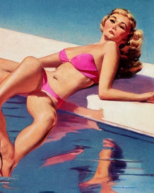 Image similar to tuesday weld in a pink bikini, tuesday weld half immersed in water in a palm springs midcentury swimming pool by gil elvgren, by mort kunstler, by basil gogos