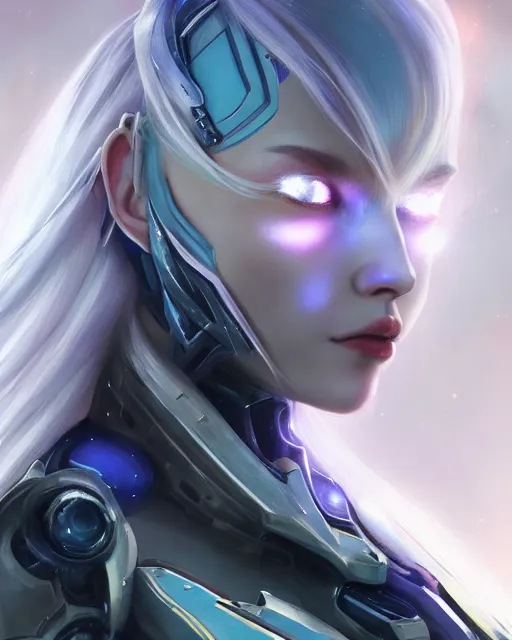 Image similar to perfect android girl on a mothership, warframe armor, beautiful face, scifi, futuristic, galaxy, nebula, bae suzy, dreamy, long white hair, blue cyborg eyes, cinematic lighting, highly detailed, artstation, divine, by gauthier leblanc, kazuya takahashi, huifeng huang, jama jurabaev