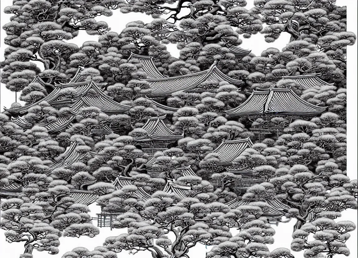 Image similar to realistic forest with an ancient Japanese shrine, Japanese Style, Monochrome, Plotter-art