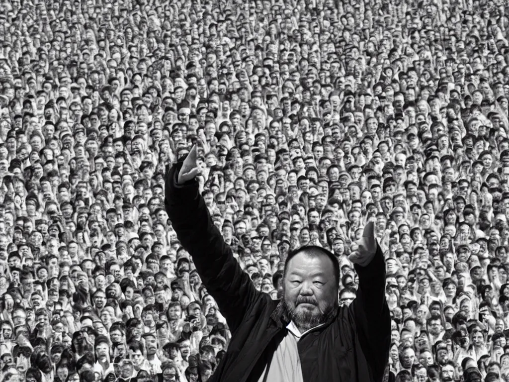 Prompt: ai weiwei a study of perspective black and white photograph arm outstretched giving the middle finger to a famous monument