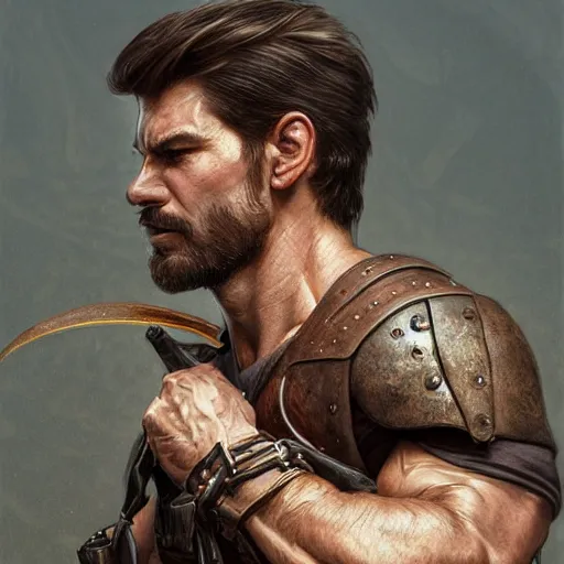 Image similar to portrait of a young, ruggedly handsome ranger, muscular, half body, leather, smirk, fantasy, intricate, elegant, highly detailed, digital painting, artstation, concept art, smooth, sharp focus, illustration, art by artgerm and greg rutkowski and alphonse mucha