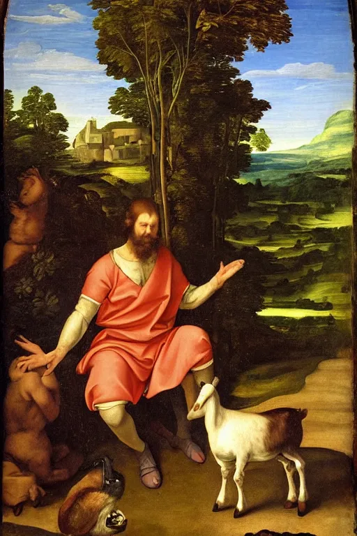 Prompt: renaissance painting of a goat headed man sitting in the countryside