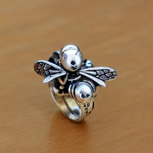 Prompt: a bee - patterned silver stone ring, realistic, high detailed, light colors