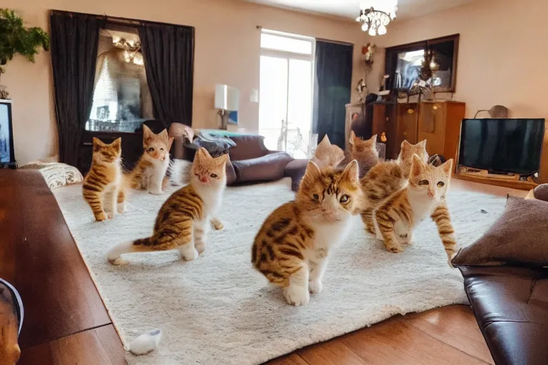 Prompt: a living room full of detailed cute kittens