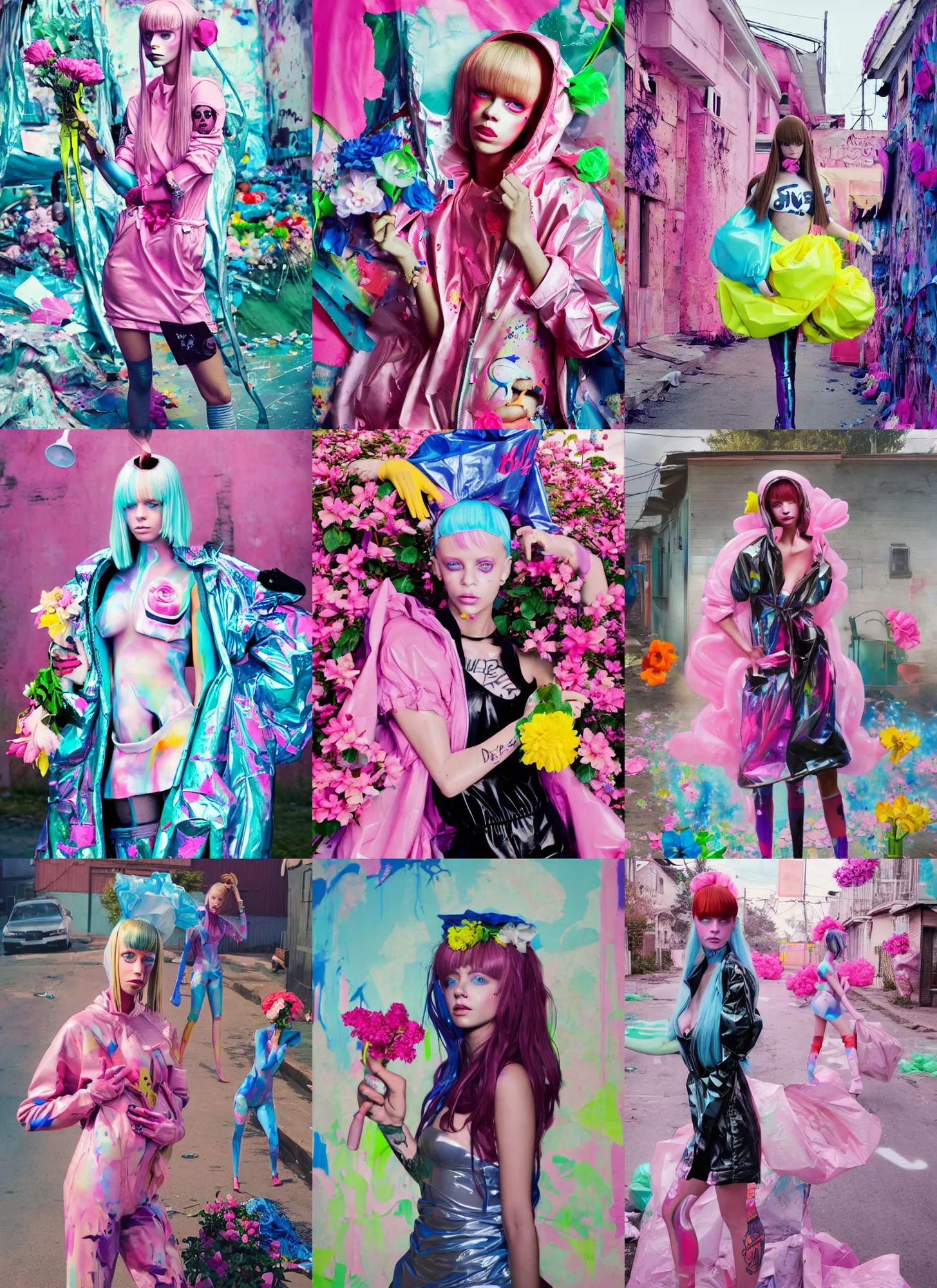 Prompt: still from music video of barbie palvin from die antwoord standing in a township street, wearing a trashbag garbage bag and flowers, street fashion, full figure portrait painting by martine johanna, ilya kuvshinov, rossdraws, pastel color palette, shiny plastic, spraypainted bodypaint graffiti