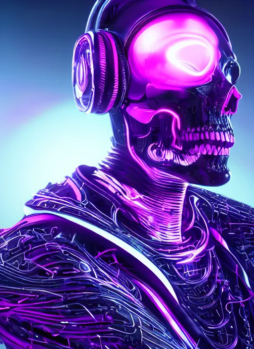 Image similar to a futuristic skull wearing headphones with glowing eyes and a purple background, cyberpunk art by android jones, behance contest winner, computer art, darksynth, synthwave, rendered in cinema 4 d