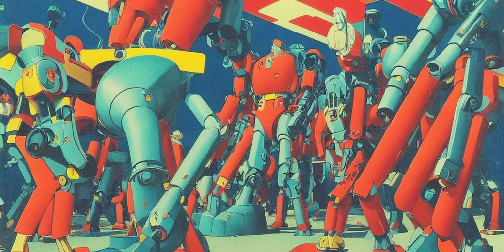 Image similar to gigantic mecha robots in a dance battle, a lot of people in disco clothes dancing, disco balls everywhere, risograph by kawase hasui, edward hopper, satoshi kon and moebius, no text!, colorful flat surreal design, super - detailed, a lot of tiny details, fullshot