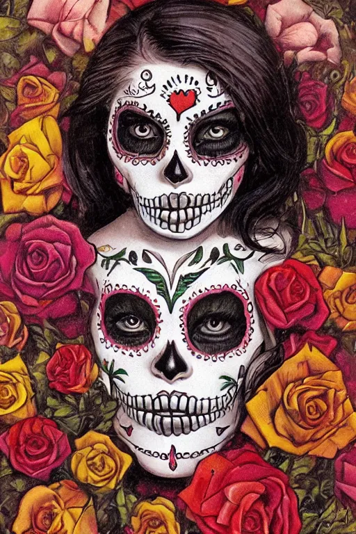 Image similar to Illustration of a sugar skull day of the dead girl, art by les edwards