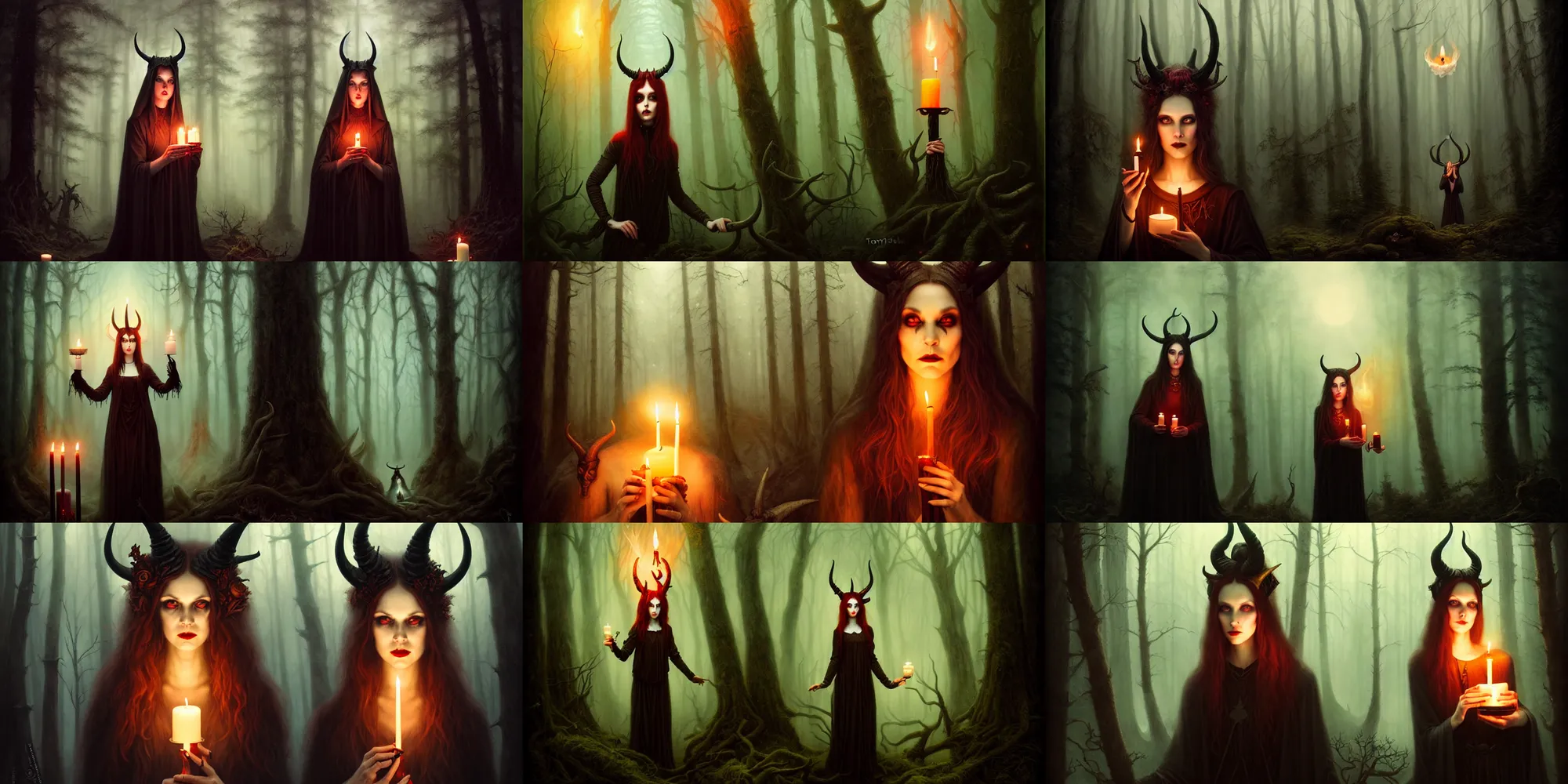 Prompt: a portrait of a satanic witch with horns in head holding a candle in a scenic dark forest environment by tom bagshaw, a cathedral in the dark woods, magic, apocalypse, occult, magic