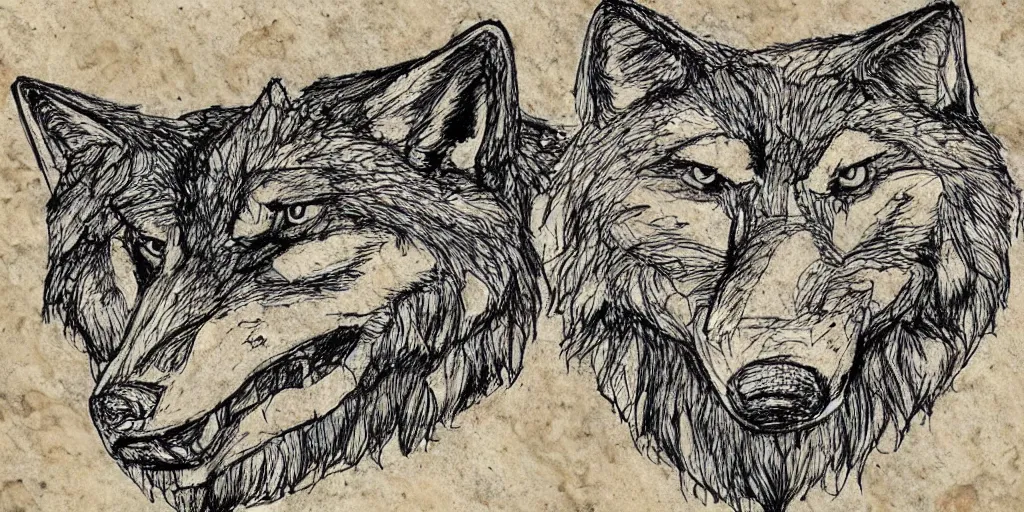 Image similar to face of a wolf. in the style of a Map-style Skyrim Lord of the rings map zelda breath of the wild map, video game style drawing on parchment
