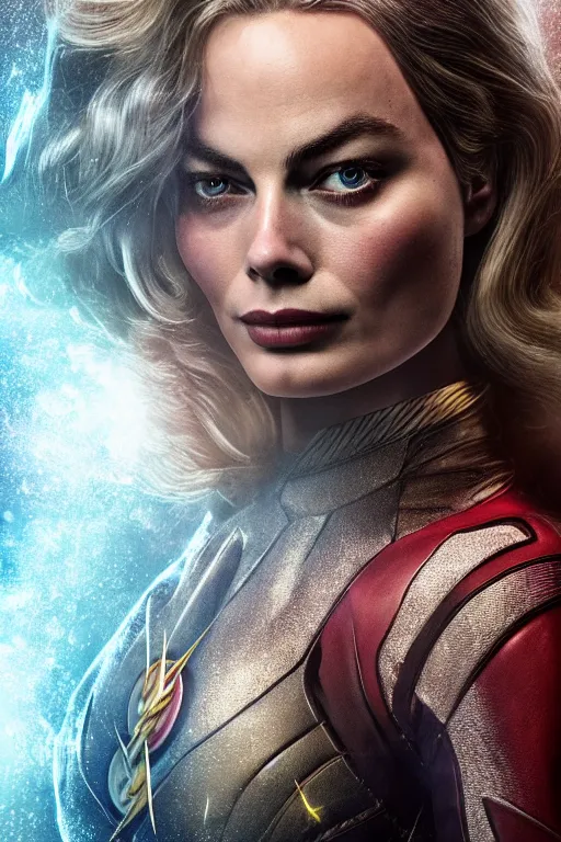 Image similar to majestic and regal portrait of margot robbie female the flash, dc universe, perfect face, beautiful, intricate, epic, elegant, fantasy, highly detailed, digital painting, hard focus, beautiful volumetric lighting, epic light, ultra detailed, by leesha hannigan, ross tran, thierry doizon, kai carpenter, ignacio fernandez rios