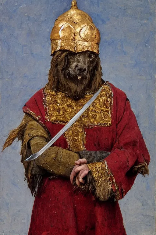 Image similar to slavic dog head man, woolen torso in medieval clothes, fights with a sword, orthodox, oil painting, concept art, hyperrealism, beautiful, high resolution, trending on artstation, by annie swynnerton and nicholas roerich, elaborate costume, geometric ornament, extremely detailed, two hands,