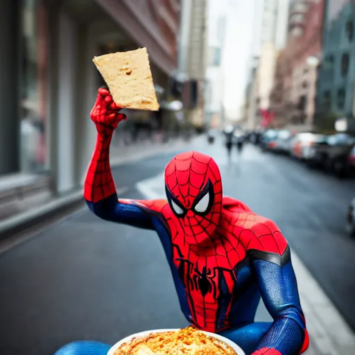 Prompt: Spider-Man eating Hummus. Sony a7r IV, symmetric balance, polarizing filter, Photolab, lightroom, 8k, award-winning