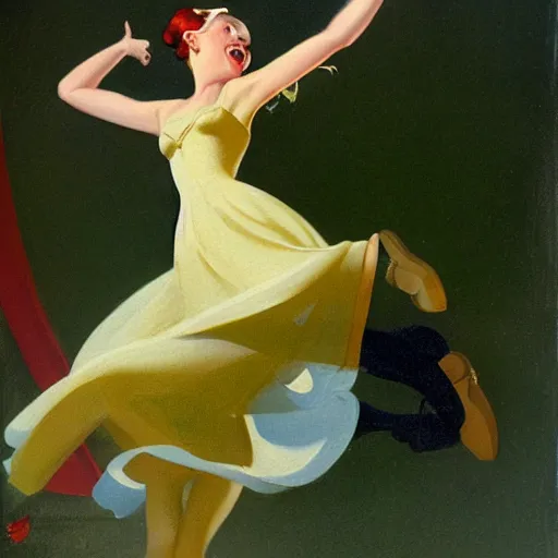 Image similar to a painting of a woman jumping in the air, a storybook illustration by gil elvgren, cgsociety, socialist realism, storybook illustration, american propaganda, soviet propaganda