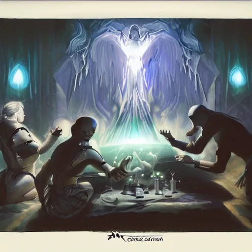 Prompt: a seance in a dark room with white glow, futuristic, fantasy art, magic : the gathering
