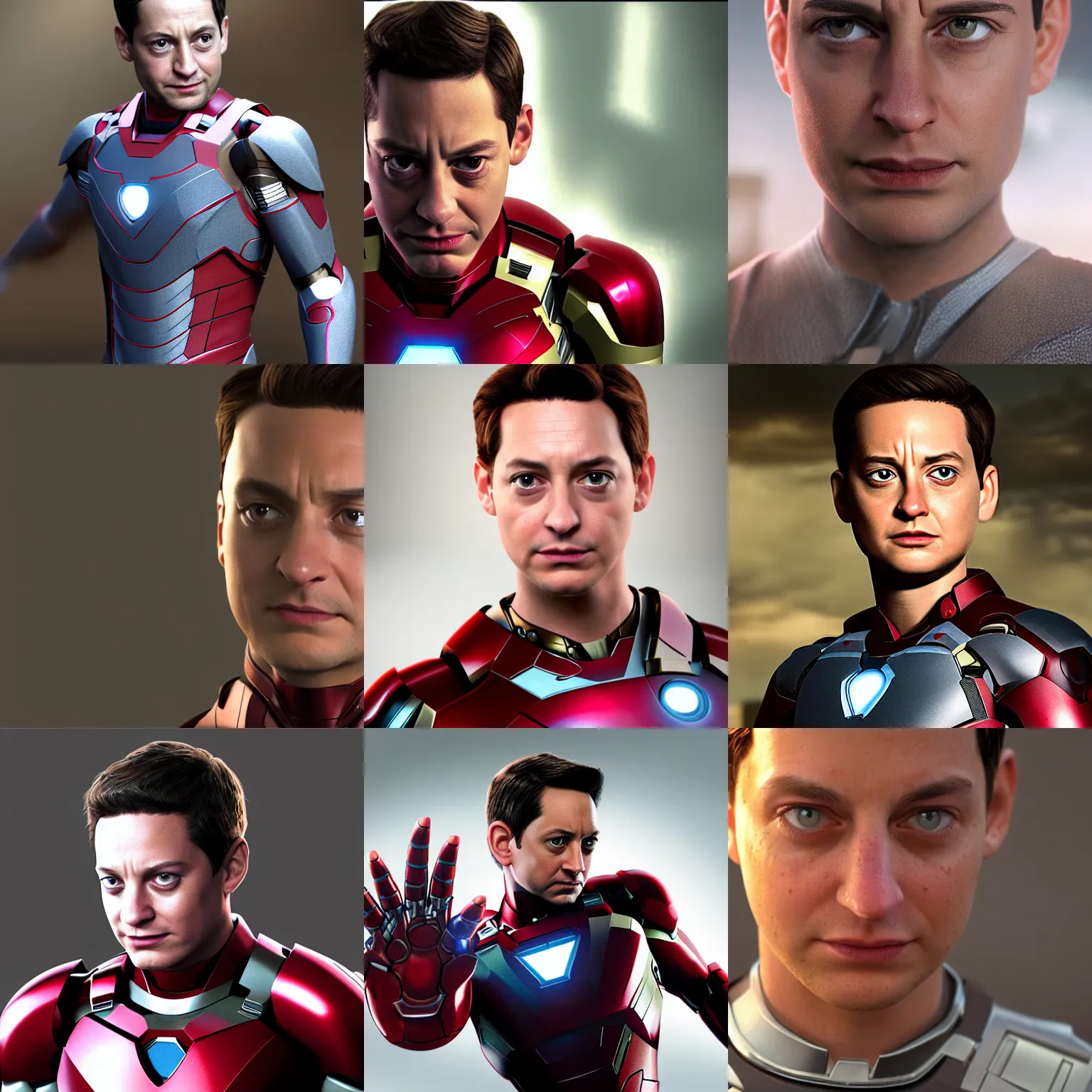 Prompt: photorealistic 8k render young Tobey Maguire wearing ironman armor