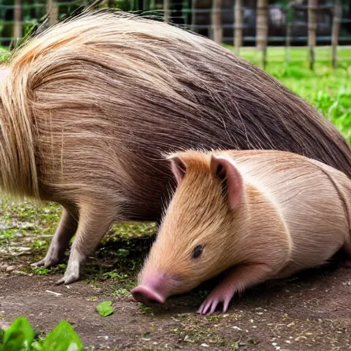 Image similar to two long haired capybara cuddle a pig