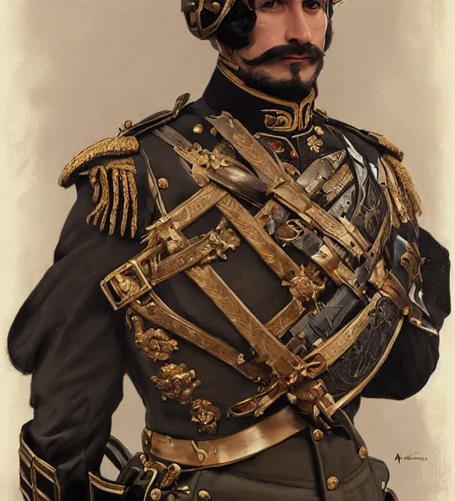 Prompt: portrait of an hungarian man wearing a traditional nineteenth century austro - hungarian empire military uniform, metal shoulder pauldrons, intricate, highly detailed, digital painting, artstation, concept art, sharp focus, cinematic lighting, illustration, art by artgerm and greg rutkowski, alphonse mucha, cgsociety