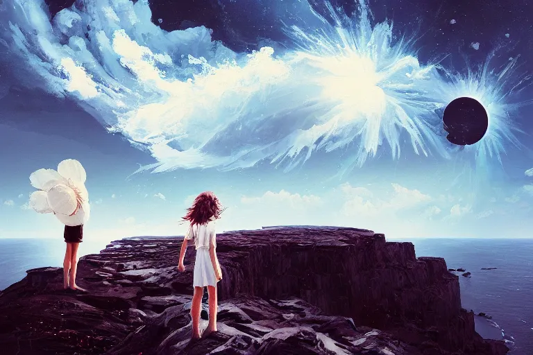 Prompt: giant white daisy flower blooming over head, girl standing on cliff, surreal photography, solar eclipse, milky way, dramatic light, impressionist painting, clouds, digital painting, artstation, james gilleard, liam wong, jeremy mann, simon stalenhag