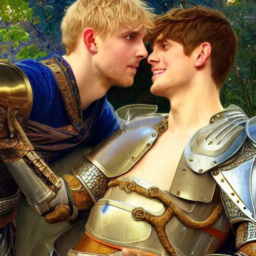 Image similar to attractive arthur pendragon and his favourite attractive male knight, they are in love, camelot, natural lighting, path traced, highly detailed, high quality, digital painting, by gaston bussiere and ross tran and j. c. leyendecker and alphonse mucha