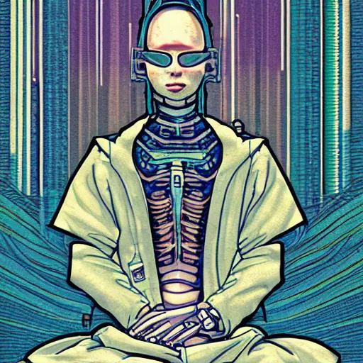 Image similar to a cyberpunk meditator by sakiyama, illustration, masterpiece