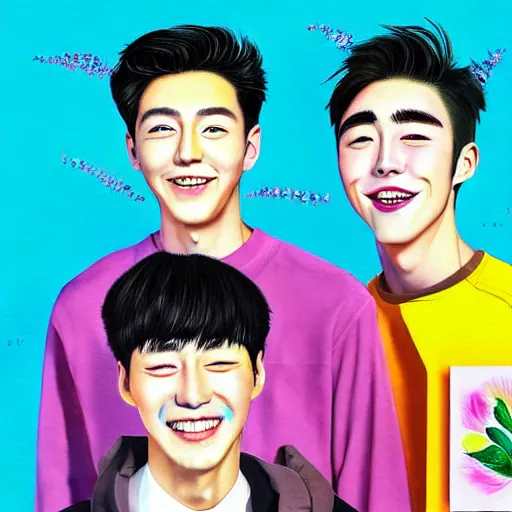 Image similar to handsome korean boys group smile to you - aesthetic, smooth painting, each individual seeds have ultra high detailed, 4 k, illustration, comical, acrylic paint style, pencil style, torn cosmo magazine style, pop art style, ultrarealism, by mike swiderek, jorge lacera, ben lo, tyler west