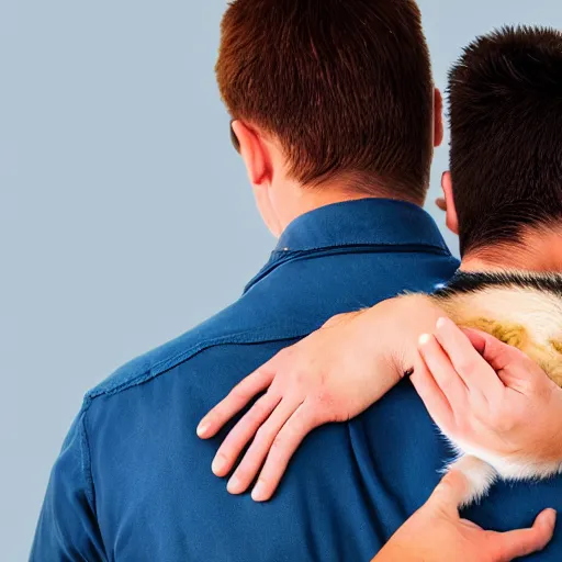 Prompt: photo of two man giving each other a pet on the shoulder, highly detailed, ultra realistic