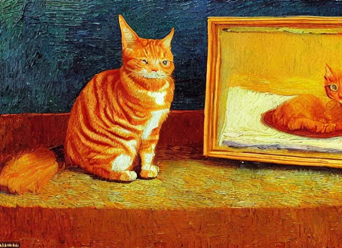 Prompt: detailed realistic realism painting of orange tabby cat fused combined with lasagna, at dusk, in the style of vincent van gogh and salvador dali and leonardo da vinci