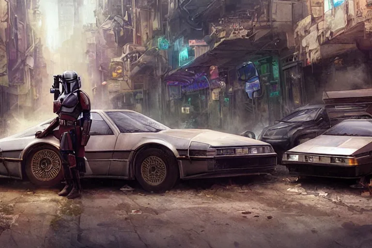 Image similar to photograph of the mandalorian entering a delorean driving down the streets of a cyberpunk abandoned city, back to the future, by greg rutkowski, by stanley artgerm, by alphonse mucha