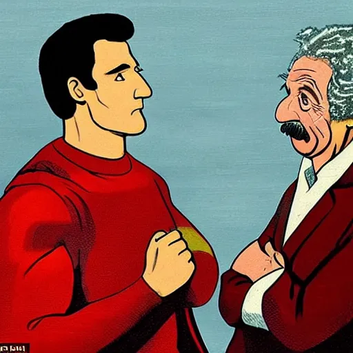 Prompt: a realistic colourful picture depicting a scene of superman and Albert Einstein aggressively debating general relativity