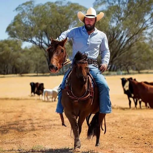 Prompt: brian houston of hillsong church as a cowboy riding a horse as he rounds up cows in the outback, high quality