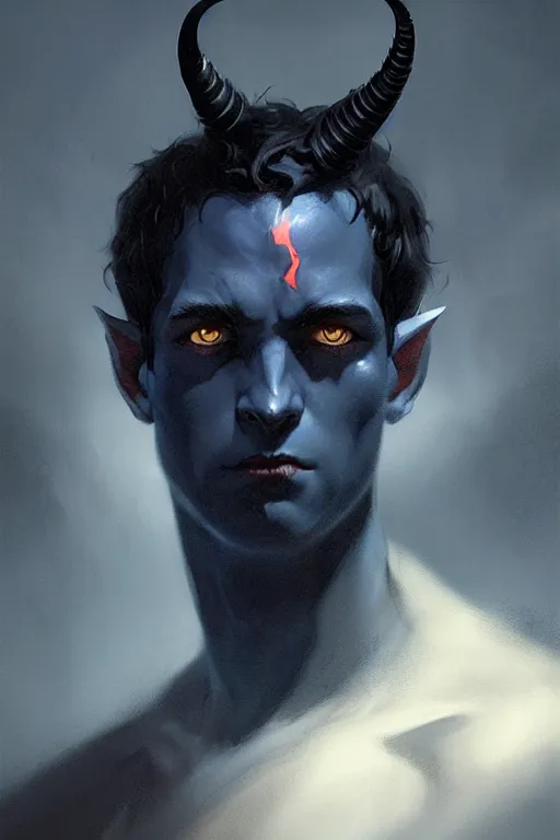 Image similar to character design portrait of a sad dark blue tiefling boy with horns and dark hair and pitch black hollow eyes, soft rounded face, black eyes black eyes by Greg Rutkowski, concept art, sharp focus, illustration, intricate, highly detailed