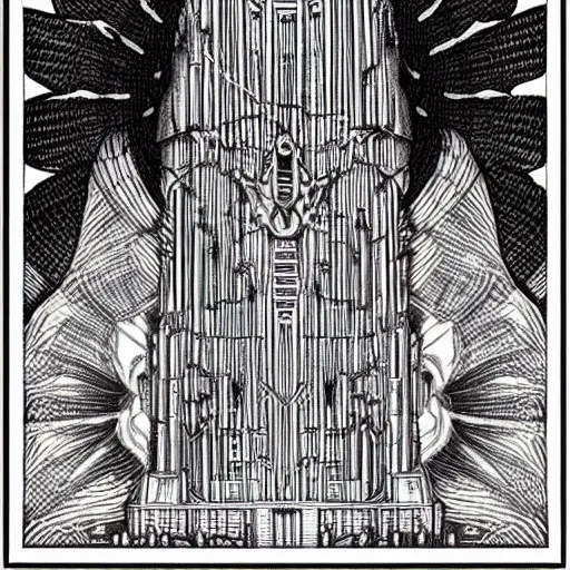 Image similar to barad - dur in the style of h. r. giger