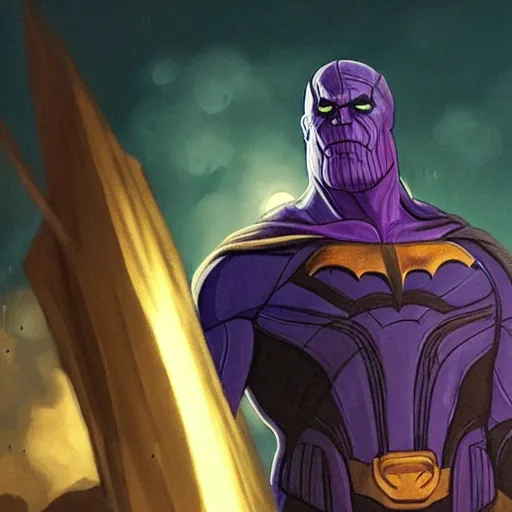 Image similar to portrait of thanos in a hoodie, at night, in a dark alleyway. Batman is in the background