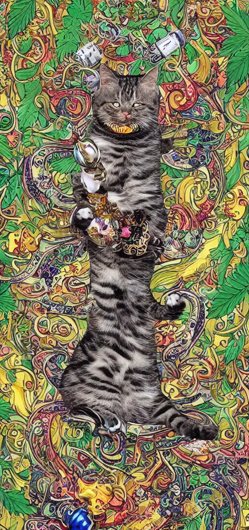 Image similar to ”happy smiling cat holding a marifuana weed, marijuana leaves and joints and bongs swirling in the background, [ultra detailed, contrast, ornate and intricate, art by joe fenton]”