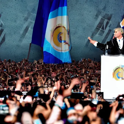 Image similar to Lady Gaga as president, Argentina presidential rally, Argentine flags behind, bokeh, giving a speech, detailed face, Argentina