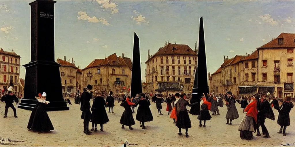 Prompt: people dancing around a black obelisk, old square in a beautiful town, high details, by leon augustin lhermitte