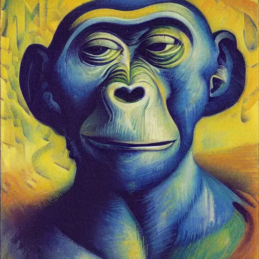 Image similar to cubo - futurism art portrait of an ape monkey by umberto boccioni, futuristic very abstract style painting, futurism art movement