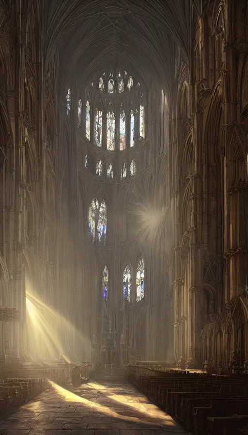 Image similar to a large cathedral with sunlight streaming through the windows, a detailed matte painting by michal karcz, cgsociety contest winner, fantasy art, matte painting, volumetric lighting, flickering light