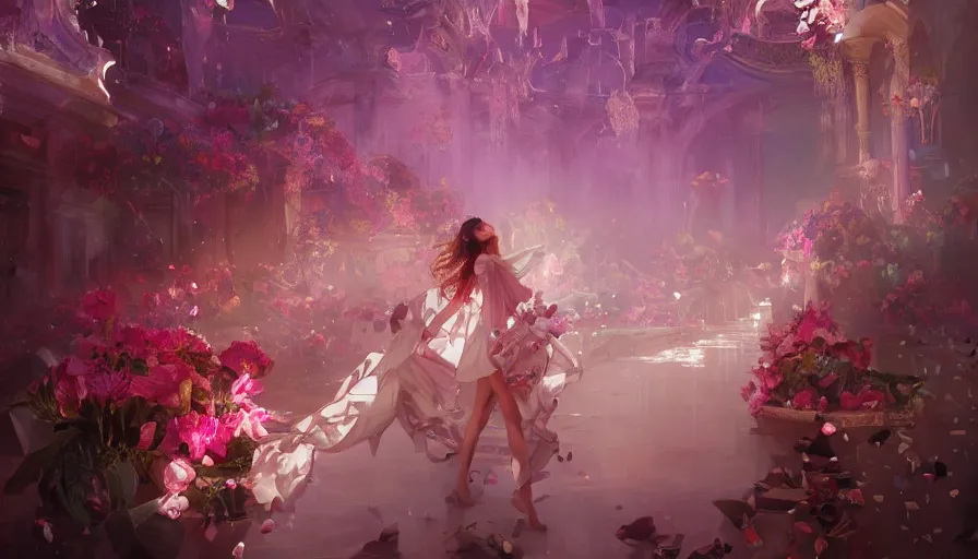 Image similar to victoria secret runway show, light, shadows, reflections, flowers, epic composition, intricate, elegant, volumetric lighting, digital painting, highly detailed, artstation, sharp focus, illustration, concept art, ruan jia, steve mccurry, artgerm and mina petrovic and timothy kong and marina federovna