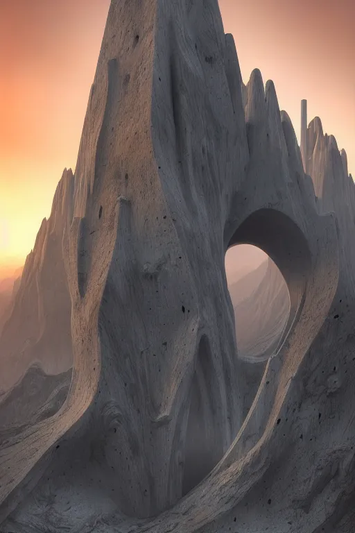 Prompt: sci - fi concrete brutalist architecture in the italian dolomites, zaha hadid, beksinski, oil painting, photoreal, highly detailed, 8 k, hd, vray, artstation, cinematic matte painting, extreme detail photo quality, sunset, featured on behance