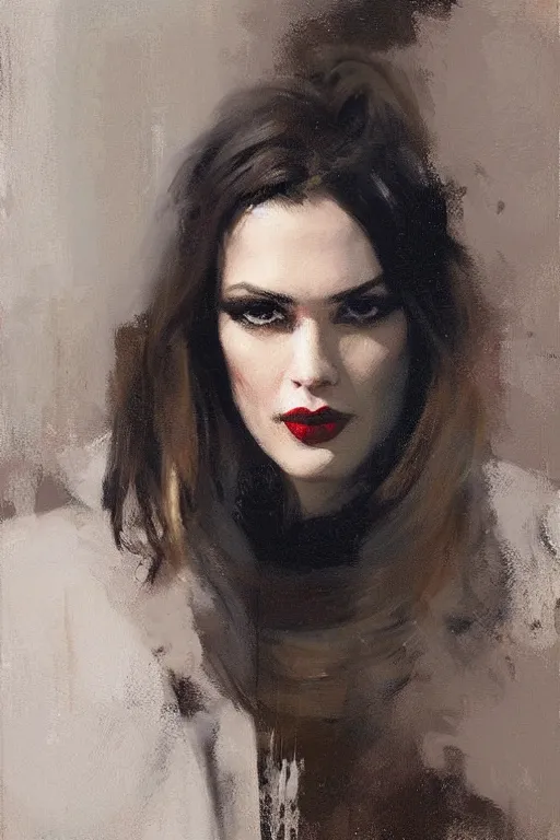 Prompt: Richard Schmid and Jeremy Lipking full length portrait painting of film noir femme fatale