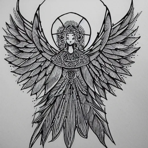 Image similar to a micron pen drawing of a seraphim, intricate