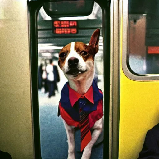 Prompt: a dog wearing a business suit on a subway train, 1 9 7 0 colour photography